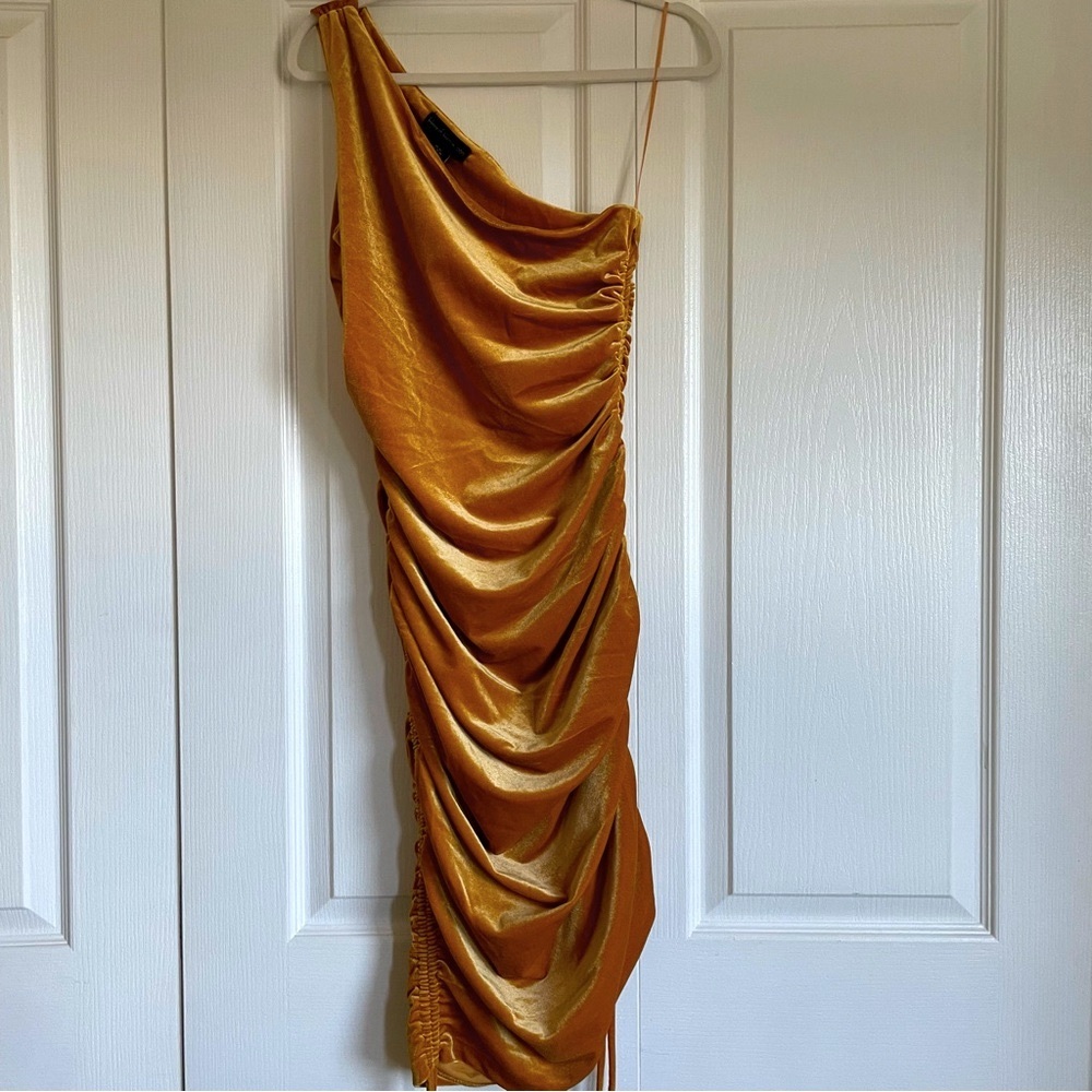NWT House of Harlow 1960 Women’s Slinky Ruched Velvet Mini Dress Gold X-Small